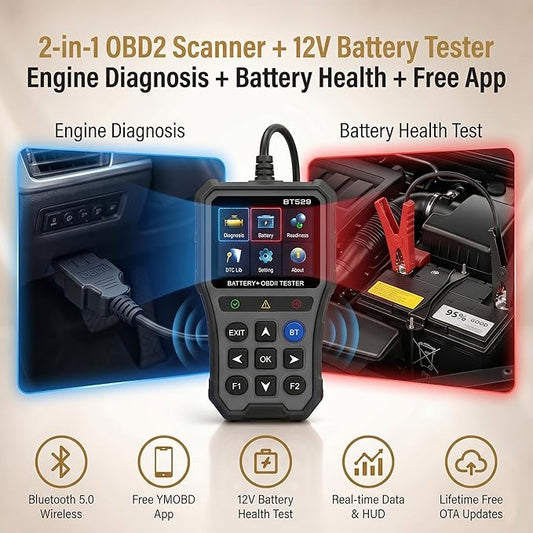 NOVEINN Bluetooth OBD2 Scanner, 2-in-1 Check Engine Code Reader & 12V Car Battery Tester, Diagnostic Scan Tool with EVAP Test, Performance & Trip Analysis, for 1996+ Cars & Trucks
