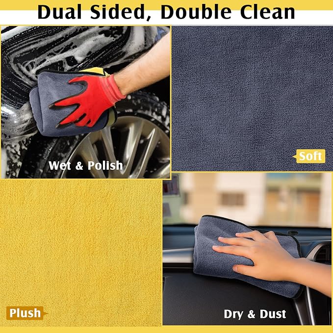 Nuenen 20 Pcs Microfiber Car Drying Towels Microfiber Cleaning Cloth 800 GSM Thick Plush Cleaning Dusting Cloth Auto Detailing Absorbent Towels Rags for Car Household Kitchen Window(Grey and Yellow)