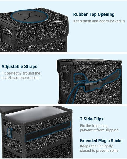 Capolo Car Trash Can with Lid, Leakproof Car Trash Bag Hanging Waterproof Automotive Garbage Can with Storage Pockets Mini Vehicle Trash Bin for Back/Front Seat(Sparkly Black,3 Gallon)