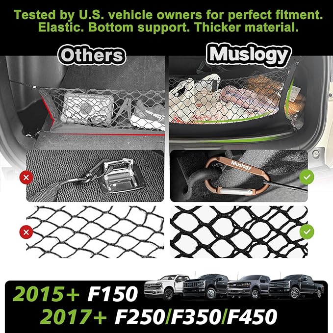 Muslogy Truck Bed Cargo Net Trunk Netting Compatible with 2015+ Ford F150 & 2017+ F250/F350/F450 (Snap-in Tie Down) Accessories, Pickup Cargo Organizer SUV Sedan Storage Net w/Heavy Duty Carabiners