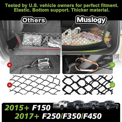 Muslogy Truck Bed Cargo Net Trunk Netting Compatible with 2015+ Ford F150 & 2017+ F250/F350/F450 (Snap-in Tie Down) Accessories, Pickup Cargo Organizer SUV Sedan Storage Net w/Heavy Duty Carabiners