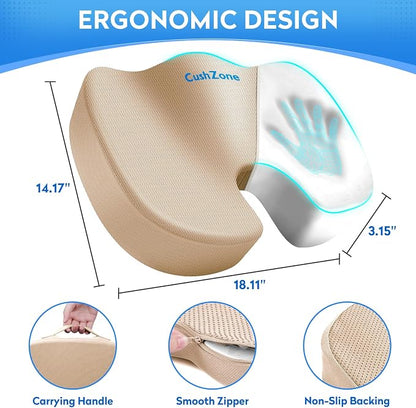 CushZone Seat Cushion, Office Chair Cushions, Car Seat Cushion, Non-Slip Sciatica & Back Coccyx Tailbone Pain Relief Chair Pad, Memory Foam (Khaki)