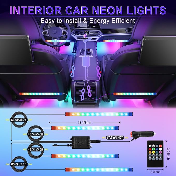 LivTee Car Led Interior Lights，4pcs 48 LED Multicolor Music Car Interior Accessories Under Dash Lighting Waterproof Kit with Sound Active Function and Wireless Remote Control, Car Charger Included