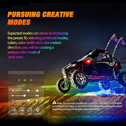 Nilight 2PCS 3FT RGB LED Whip Light and 4 PCS Rock Lights Combo, Remote & App Control w/DIY Chasing Patterns Stop Turn Reverse Safety Antenna Lighted Whips for ATV UTV