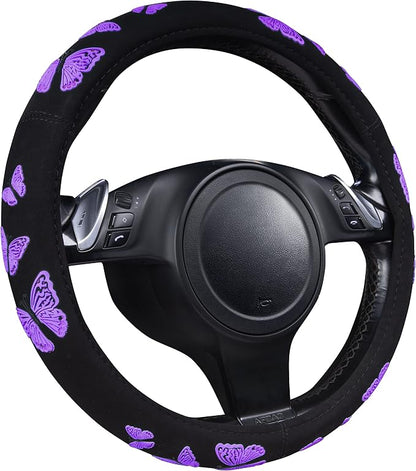 Car Pass Purple Butterfly Steering Wheel Covers, 14.5" to 15.5" Car Wheel Cover Universal Fit for Suvs, Small Trucks, Sedans, Cars for Cute Women Girly (Black and Purple)