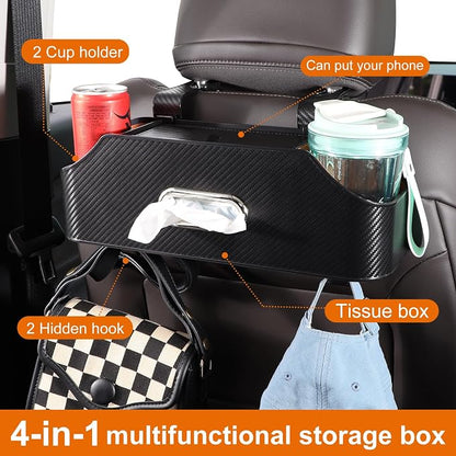 Car Rear Backseat Extra Multifunctional Drink Cup Holder Organizers with Tissue Storage Box Organizer & Hooks for Car Seat Back. imitation carbon fiber texture