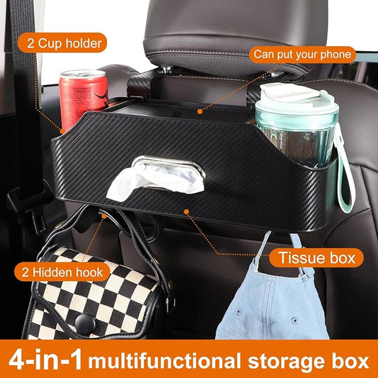 Car Rear Backseat Extra Multifunctional Drink Cup Holder Organizers with Tissue Storage Box Organizer & Hooks for Car Seat Back. imitation carbon fiber texture