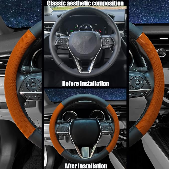 Steering Wheel Cover Standard Size 14.5-15 inch, Non-Slip Car Wheel Cover Protector, Non-Folding Packaging, Microfiber Leather, Black and Orange