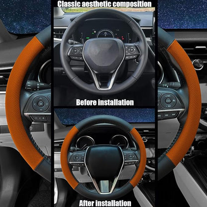 Steering Wheel Cover Standard Size 14.5-15 inch, Non-Slip Car Wheel Cover Protector, Non-Folding Packaging, Microfiber Leather, Black and Orange