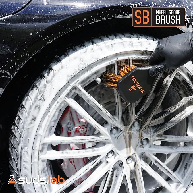 Suds Lab SB Wheel Spoke Tire Brush, Soft Bristle Wheel Cleaner Brush for Car, Truck, Motorcycle, Bike Cleaning and Detailing