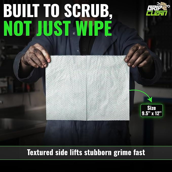 Grip Clean Heavy Duty Hand & Tool Cleaning Wipes – Waterless Hand Cleaner for Mechanics, Garage & Shop Use – Dual-Sided Grease, Oil & Paint Remover Wipes with Citrus Scent - 30ct