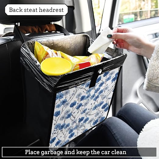 Car Trash Can Organizer Bin with Adjustable Strap for Back Front Seat Console Waterproof Leakproof Collapsible Portable 11 Inch Chinese Style Cornflower