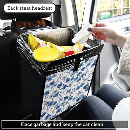 Car Trash Can Organizer Bin with Adjustable Strap for Back Front Seat Console Waterproof Leakproof Collapsible Portable 11 Inch Chinese Style Cornflower