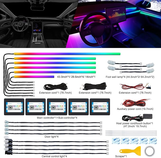 Dreamcolor Acrylic Interior Car LED Strip Light with Wireless APP, RGB 18 in 1 with 175 inches 600 LEDs Fiber Optic Car Ambient Lighting Kits, Dual Zone Sound Active Function LED Strip for Car