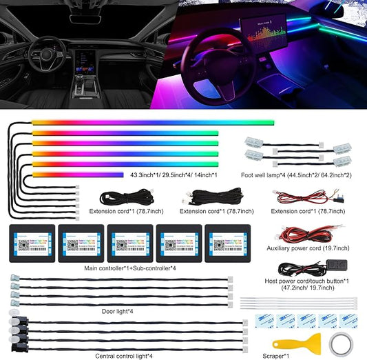Dreamcolor Acrylic Interior Car LED Strip Light with Wireless APP, RGB 18 in 1 with 175 inches 600 LEDs Fiber Optic Car Ambient Lighting Kits, Dual Zone Sound Active Function LED Strip for Car