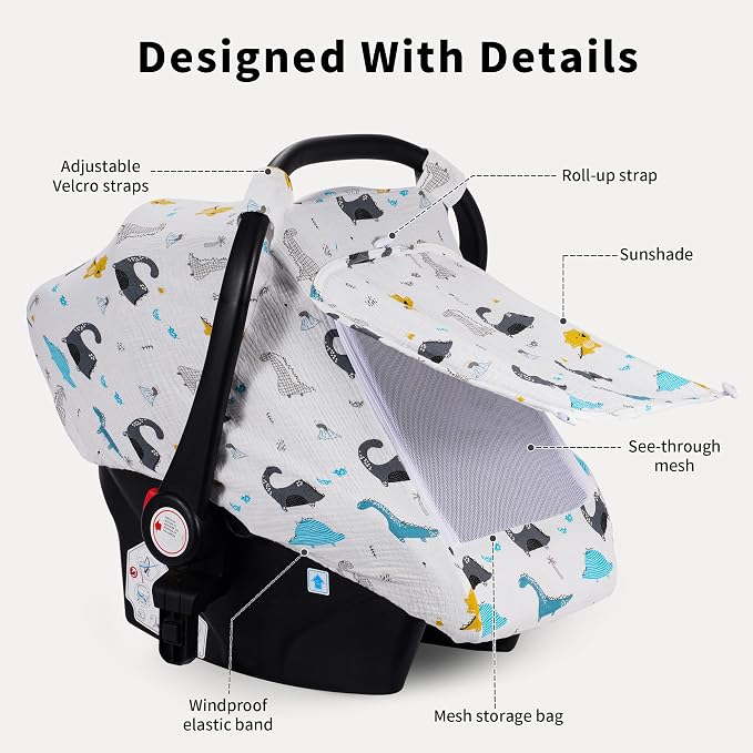 Rquite Car Seat Cover Baby, Carseat Covers Girl Boy, Breathable Muslin Cotton, Large Mesh Window, Infant Car Seat Canopy Baby Carrier Cover Stroller Sun Shade for Summer & Hot Day