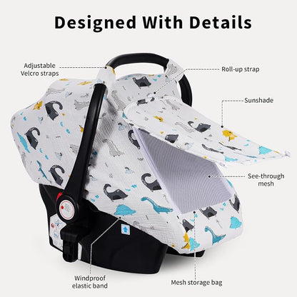 Rquite Car Seat Cover Baby, Carseat Covers Girl Boy, Breathable Muslin Cotton, Large Mesh Window, Infant Car Seat Canopy Baby Carrier Cover Stroller Sun Shade for Summer & Hot Day