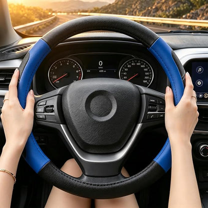 Black and Blue Line Punching Car Steering Wheel Cover, Microfiber Leather Sports, 14.5-15 in Universal Leather Wheel Covers, Breathable Fashion Anti-Slip, Steering Wheels Accessories for Men Women