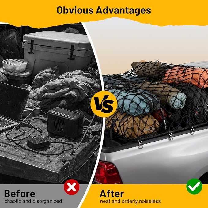 Cargo Net for Pickup Truck Bed-4'x4' Stretch to 7'x7' Highly Elastic Cargo Net,Simple Truck Bed Cargo Mesh Organizer with 6 Adjustable Buckle Straps for Trailer, Ford, Chevrolet(Double Layer)