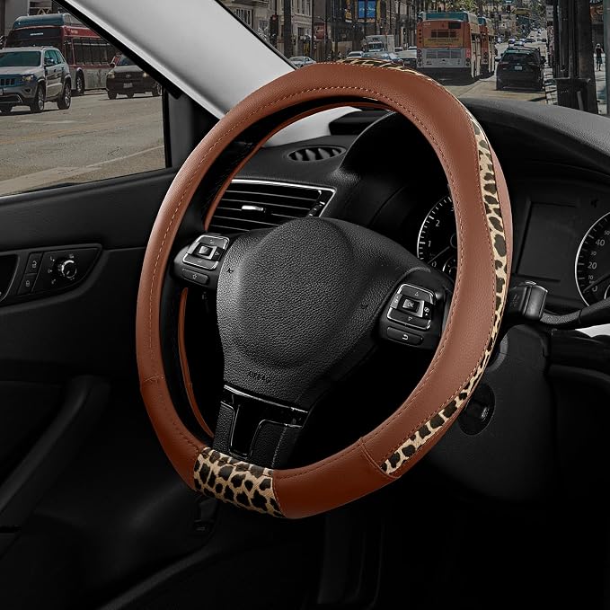 Road Comforts Steering Wheel Cover - Flat Bottom Wheel Cover Made with PVC Leather and Leopard Fabric - Universal Fit for 15-Inch D-Shaped Automotive Steering Wheels (Brown Color)