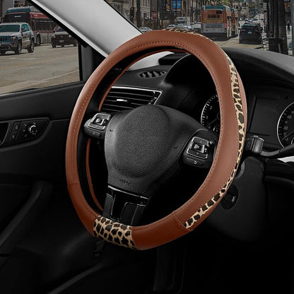 Road Comforts Steering Wheel Cover - Flat Bottom Wheel Cover Made with PVC Leather and Leopard Fabric - Universal Fit for 15-Inch D-Shaped Automotive Steering Wheels (Brown Color)