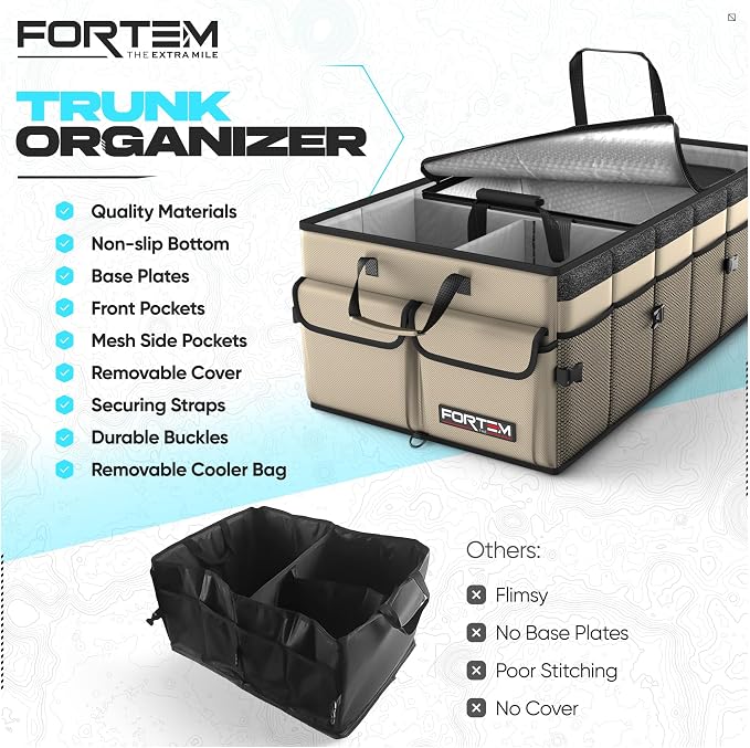 FORTEM Trunk Organizer with Cooler For SUV Car Trunk, Foldable Storage, Car Accessories for Women Men, Collapsible Bag, 600D Oxford, Non Slip Bottom, Straps, Soft Cover (105L)