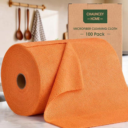 Microfiber Cleaning Cloth Roll–100 Pack, Tear Away Microfiber Towels, Reusable, Washable, Scratch-Free, Kitchen Towels for Car, Home, Kitchen, Glass, Dishes(Honey Orange)
