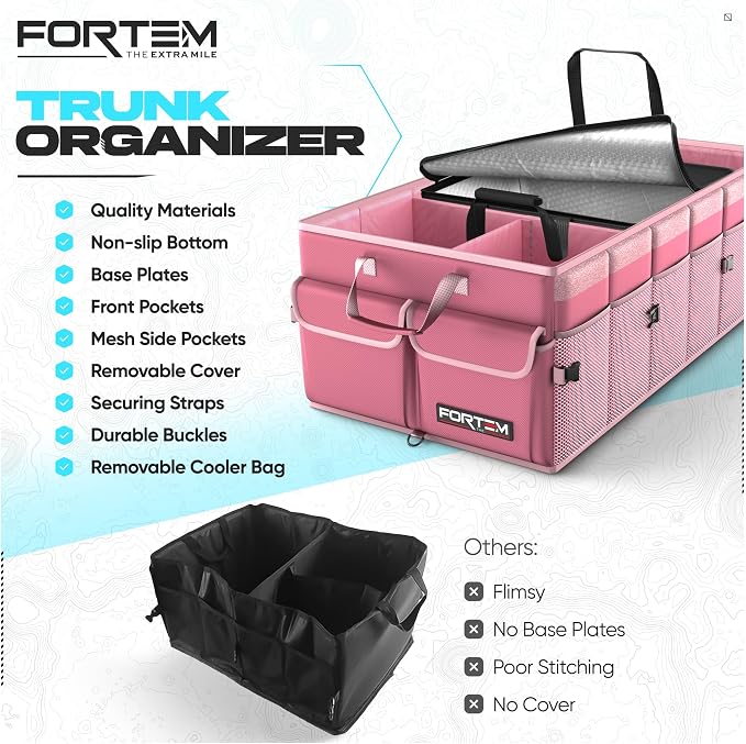 FORTEM Trunk Organizer with Cooler For SUV Car Trunk, Foldable Storage, Car Accessories for Women Men, Collapsible Bag, 600D Oxford, Non Slip Bottom, Straps, Soft Cover (105L)