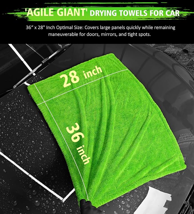 YeewayVeh Complete Drying Towel Set, 3-Pack Microfiber Towels (28"x36" & 16"x16" Drying & Waffle Weave), 1400 GSM Ultra Absorbent, Streak-Free Car Detailing Towels for Bulk Water, Final Polish & Glass