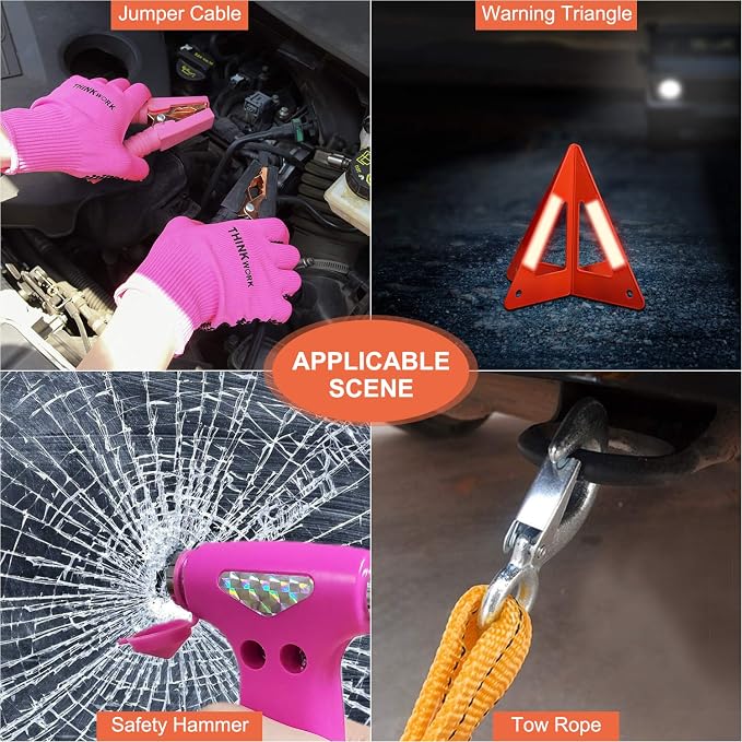 THINKWORK Car Emergency Kit for Teen Girl and Lady's Gifts, Pink Emergency Roadside Assistance kit with 10FT Jumper, First Aid Kit, Safety Hammer, Tow Rope, and More Ideal Pink Car Accessories Tool