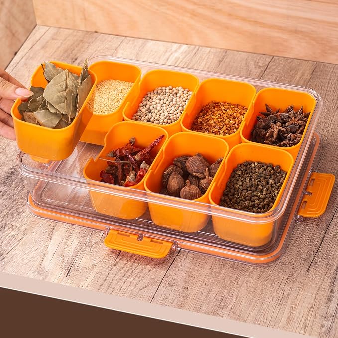 WACOI Divided Snack Serving Tray with Lid and Handle Travel Snackle Charcuterie Container Portable Storage Organizer for Candy, Fruits, Nuts, Snacks, Party, Picnic (1pack, Orange)