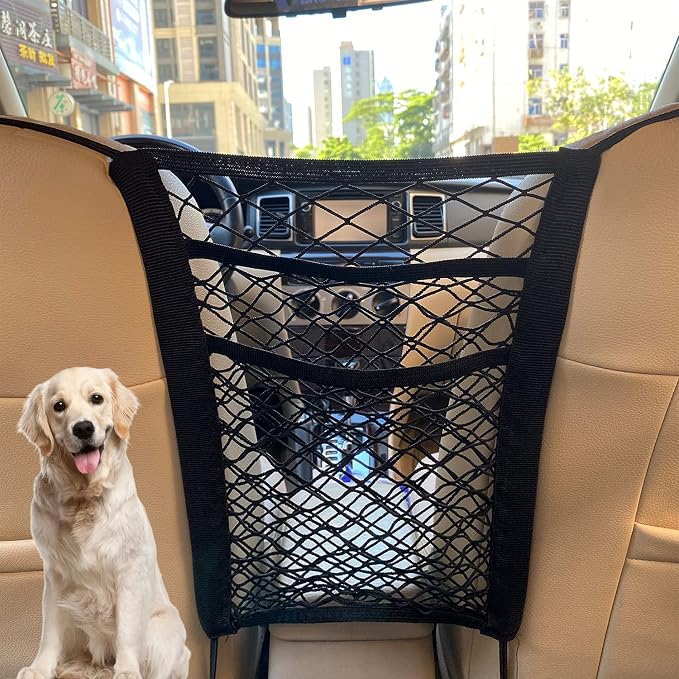 3-Layer Car Mesh Organizer, Seat Back Net Bag, Barrier of Backseat Pet Kids, Cargo Tissue Purse Holder, Driver Storage Netting Pouch（Upgrade Stretch Length）