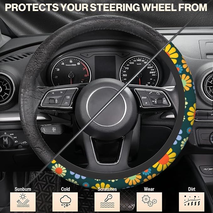 Hippie Flower Steering Wheel Cover, Anti-Slip 15 Inches Car Steering Wheel Cover for Women Men, Neoprene Floral Car Accessories Protective Case for Vehicle Truck SUV