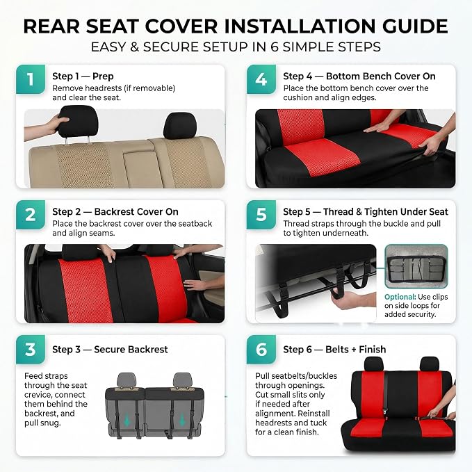 FH Group Automotive Rear Car Seat Covers for SUV, Trucks, Sedan and More - Universal Fit Front High Back & Rear Solid Bench Design Interior Accessories - 3D Mesh Fabric Center Panel - Red