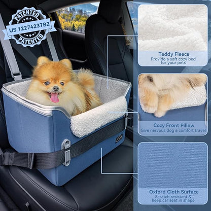 PETSFIT Dog Car Seats for Small Dogs–Patented Safety Buckles–Safety Tether–Foldable Travel Dog Booster Car Seat Reduces Anxiety & Road Trips–Stable Frame, Soft Cushion, Fits Front/Back Seat(Navy Blue)