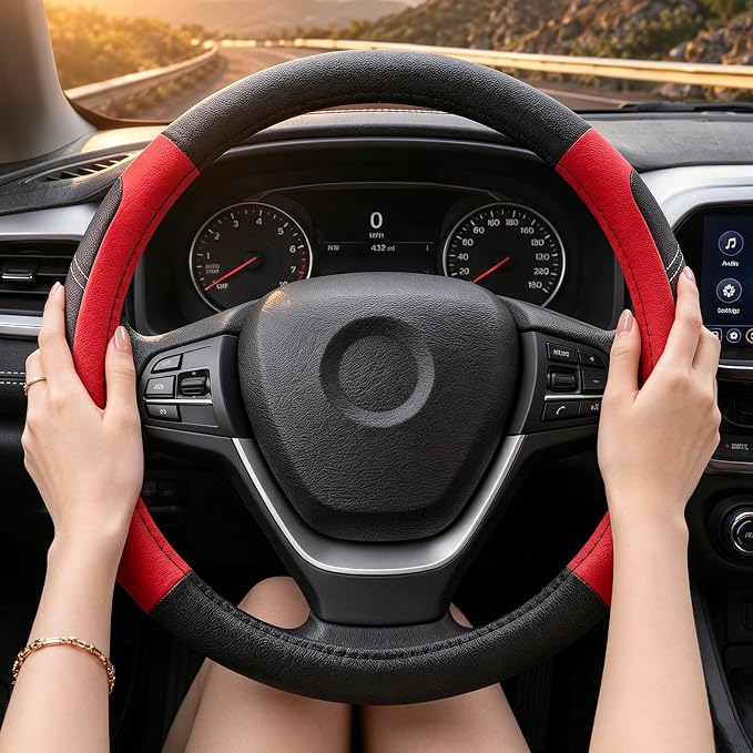 Black and Red Line Punching Car Steering Wheel Cover, Microfiber Leather Sports, 14.5-15 in Universal Leather Wheel Covers, Breathable Fashion Anti-Slip, Steering Wheels Accessories for Men Women