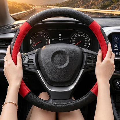 Black and Red Line Punching Car Steering Wheel Cover, Microfiber Leather Sports, 14.5-15 in Universal Leather Wheel Covers, Breathable Fashion Anti-Slip, Steering Wheels Accessories for Men Women