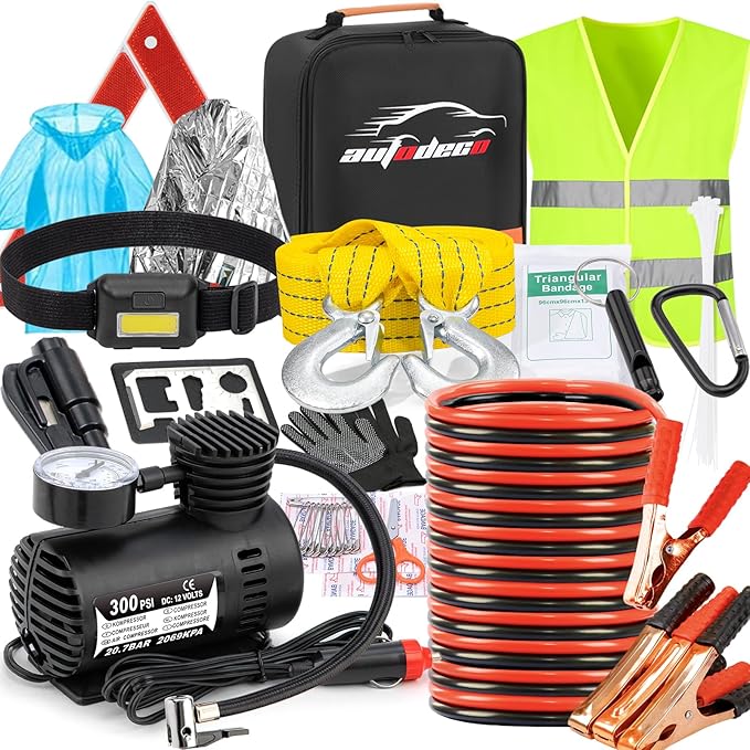 Car Roadside Emergency Kit, Car Safety Kit Portable Vehicle Kits for Emergency with Jumper Cables, Tow Straps, Safety Hammer, Black
