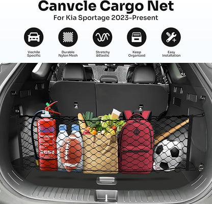 Canvcle Trunk Cargo Net for 2023-2025 2026 Kia Sportage Accessories Envelope Style Mesh Trunk Net Organizer and Storage Stretchable Adjustable Elastic Nylon Rear Cargo Netting with Hooks