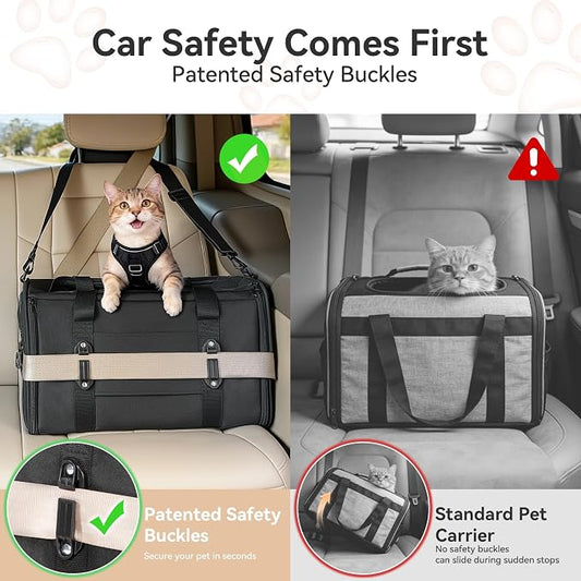 PETSFIT Large Cat Car Carrier with Patented Safety Buckles(19 x 12 x 12) – Roomy Escape-Proof for Safe Driving, Lockable Zippers & Safety Tether, Soft-Sided Travel Carrier for Road Trips & Vet Visits