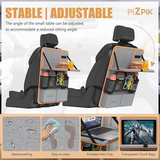 Plzpik Car Backseat Organizer with Tablet Holder,11 Storage Pockets with Foldable Food Tray, Protector Kick Mats for Kids, Travel Accessories Organizer (Orange, 1Pack)