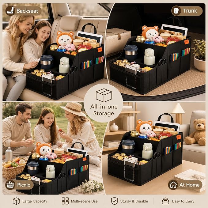 Car Seat Organizer Backseat and Passenger Seat Organizer with 9 Compartments 2 Cup Holders Car Organizer Front Seat Storage for Travel Kids，Black
