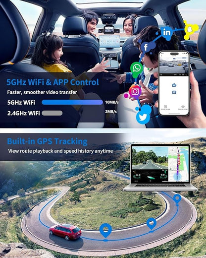 HUPEJOS 360° View 5 Channel Dash Cam Front and Rear with AI Driver Monitor System DMS, 4K Dash Camera for Cars, Built-in GPS 5G WiFi Night Vision, Free 128G Card, 24/7 Parking Monitor Mode