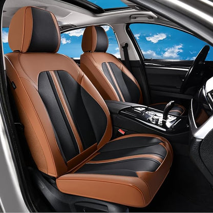 Huidasource Car Seat Covers Full Set, Luxury Faux Leather Seat Covers, Velcro Adjustable, with Airbags, Thinning Design Perforation Cooling＆Heating, Fit for Most Cars, Vans, Trucks, SUVs, Brown&Black