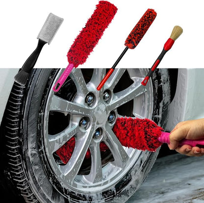 4 Pack Car Wheel Brush Kit - Soft, Scratch-Free Microfiber & Synthetic Wool Cleaning Brushes for Tires, Rims, Fenders, Engine, Exhaust Tips