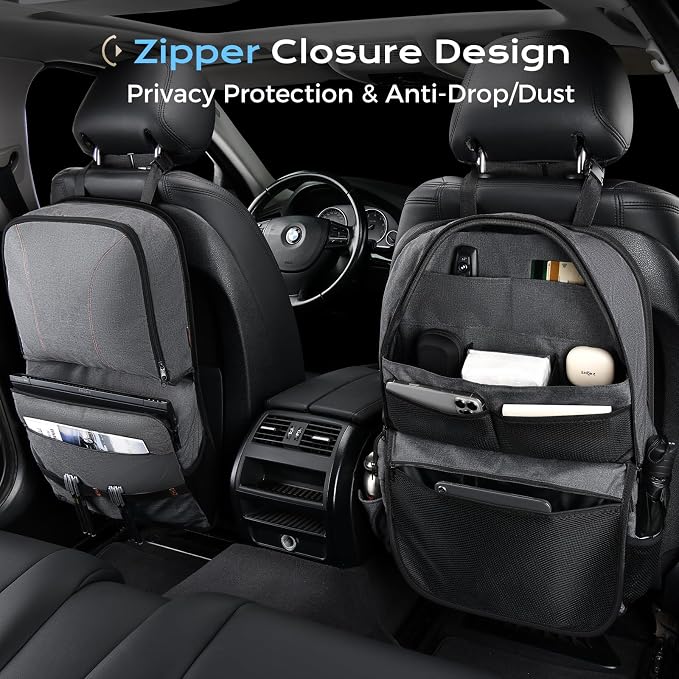 Coverado Backseat Car Organizer, Heavy-Duty Durable Dual-Way Use Car Back Seat Organizer Waterproof with Reinforced Pockets, Zipper Closure Design, Protect Valuables from Spills, Keeps Car Tidy