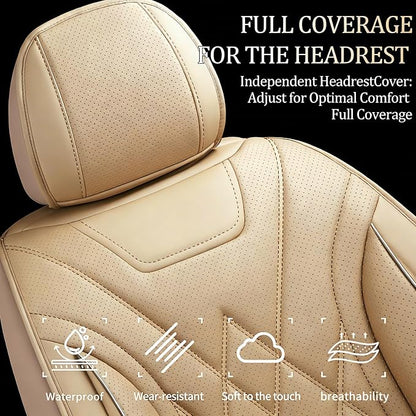 Car Seat Covers Compatible with Hyundai Kona 2018-2025 2026 - Full Set 5 Seats Luxury Leather All-Weather Seat Cushions & Protectors, Waterproof & Breathable, Airbag Compatible (Beige)