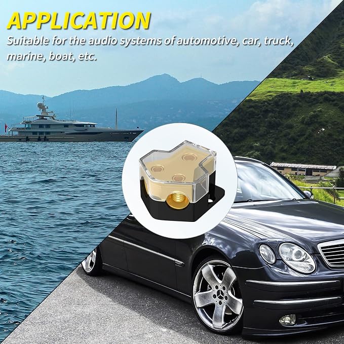 Joinfworld 12V Power Distribution Block Car Audio 2 Way Ground Distribution Block 0/2/4 Gauge in 4/8/10 Gauge Out 12 Volt Amp Distribution Block Splitter for Marine Automotive Car Boat