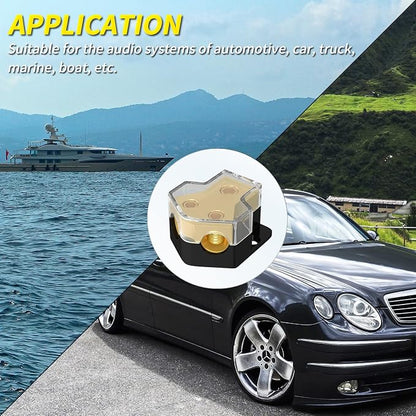 Joinfworld 12V Power Distribution Block Car Audio 2 Way Ground Distribution Block 0/2/4 Gauge in 4/8/10 Gauge Out 12 Volt Amp Distribution Block Splitter for Marine Automotive Car Boat
