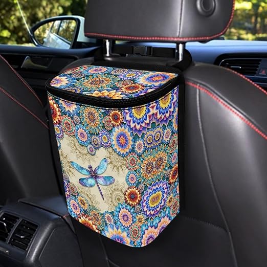 BIGCARJOB Lotus Dragonfly Car Trash Can Multipurpose Car Garbage Bin with Adjustable Straps,Women Trash Bags Can Organizer Storage for Front Back Seat Accessories